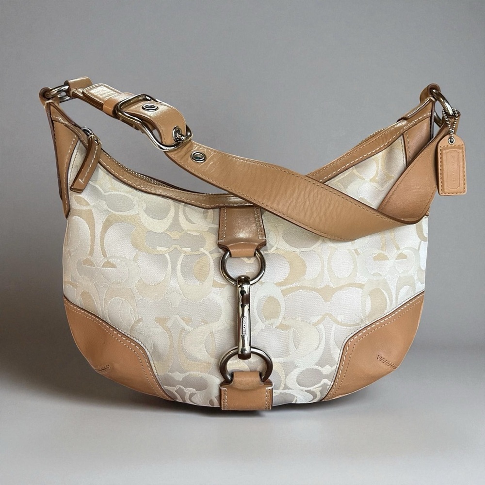 COACH Hamptons Signature Jacquard Hobo Beige Cream w Tan Leather, L0768-11811 - Picture 12 of 12